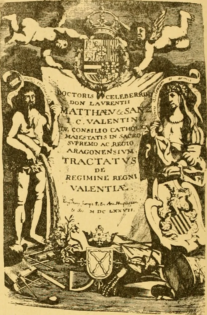 An illustration from Bibliografía de la lengua valenciana : o sea catálogo razonado por orden alfabético de autores de los libros, folletos, obras dramáticas, periódicos, coloquios, coplas, chistes, discursos, romances, alocuciones, cantares, gozes, etc., que escritos en lengua valenciana y bilingüe, han visto la luz pública desde el establecimiento de la imprenta en España hasta nuestros días, 1915, leaf 103