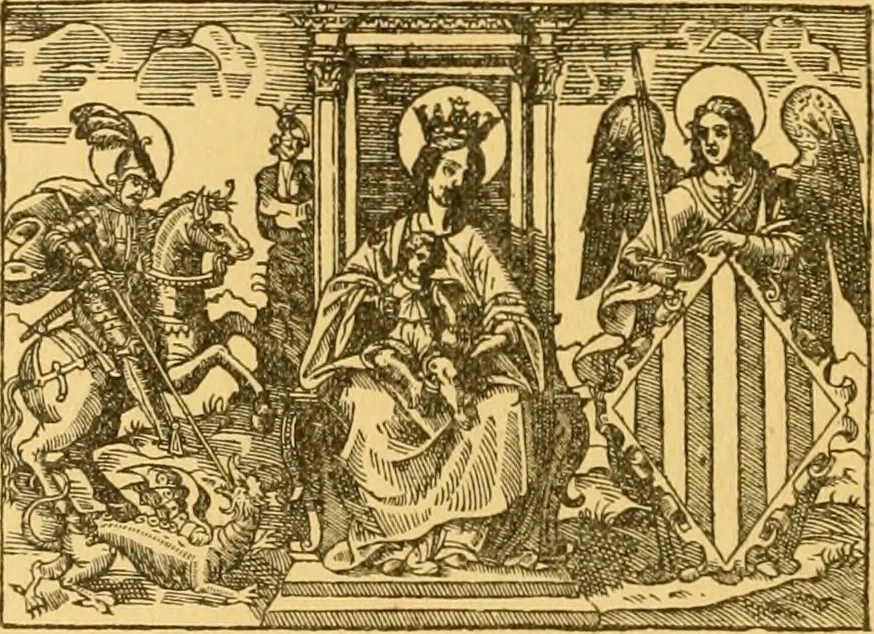 An illustration from Bibliografía de la lengua valenciana : o sea catálogo razonado por orden alfabético de autores de los libros, folletos, obras dramáticas, periódicos, coloquios, coplas, chistes, discursos, romances, alocuciones, cantares, gozes, etc., que escritos en lengua valenciana y bilingüe, han visto la luz pública desde el establecimiento de la imprenta en España hasta nuestros días, 1915, leaf 105