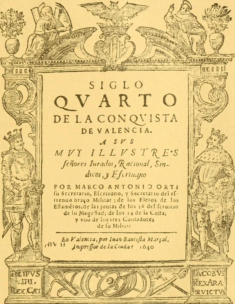 An illustration from Bibliografía de la lengua valenciana : o sea catálogo razonado por orden alfabético de autores de los libros, folletos, obras dramáticas, periódicos, coloquios, coplas, chistes, discursos, romances, alocuciones, cantares, gozes, etc., que escritos en lengua valenciana y bilingüe, han visto la luz pública desde el establecimiento de la imprenta en España hasta nuestros días, 1915, leaf 112