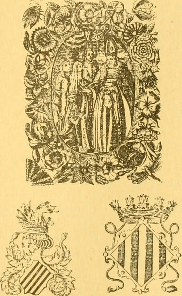 An illustration from Bibliografía de la lengua valenciana : o sea catálogo razonado por orden alfabético de autores de los libros, folletos, obras dramáticas, periódicos, coloquios, coplas, chistes, discursos, romances, alocuciones, cantares, gozes, etc., que escritos en lengua valenciana y bilingüe, han visto la luz pública desde el establecimiento de la imprenta en España hasta nuestros días, 1915, leaf 202