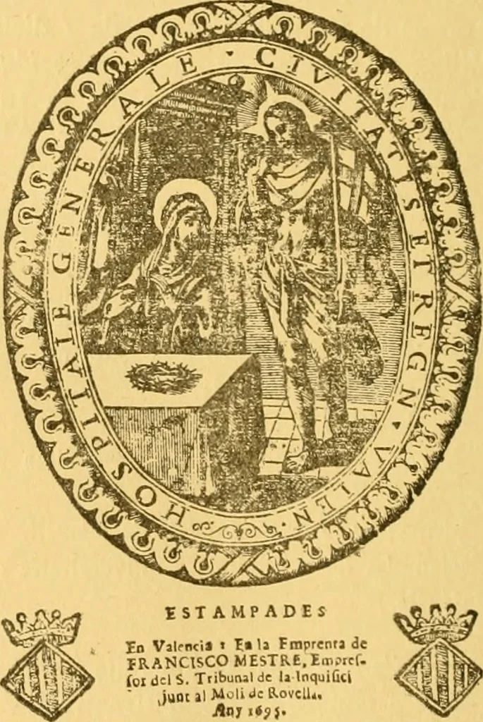 An illustration from Bibliografía de la lengua valenciana : o sea catálogo razonado por orden alfabético de autores de los libros, folletos, obras dramáticas, periódicos, coloquios, coplas, chistes, discursos, romances, alocuciones, cantares, gozes, etc., que escritos en lengua valenciana y bilingüe, han visto la luz pública desde el establecimiento de la imprenta en España hasta nuestros días, 1915, leaf 239