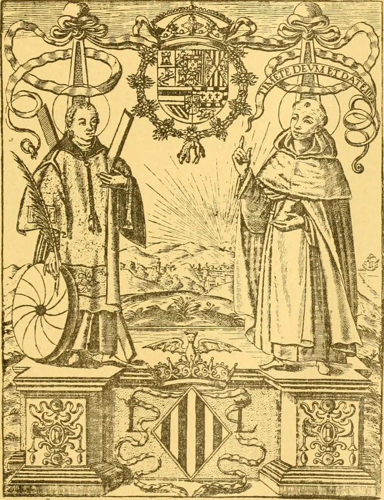 An illustration from Bibliografía de la lengua valenciana : o sea catálogo razonado por orden alfabético de autores de los libros, folletos, obras dramáticas, periódicos, coloquios, coplas, chistes, discursos, romances, alocuciones, cantares, gozes, etc., que escritos en lengua valenciana y bilingüe, han visto la luz pública desde el establecimiento de la imprenta en España hasta nuestros días, 1915, leaf 36