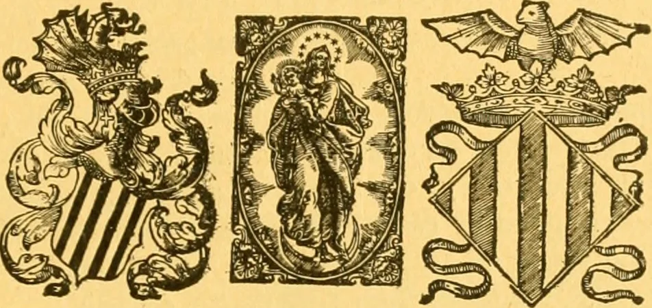 An illustration from Bibliografía de la lengua valenciana : o sea catálogo razonado por orden alfabético de autores de los libros, folletos, obras dramáticas, periódicos, coloquios, coplas, chistes, discursos, romances, alocuciones, cantares, gozes, etc., que escritos en lengua valenciana y bilingüe, han visto la luz pública desde el establecimiento de la imprenta en España hasta nuestros días, 1915, leaf 50