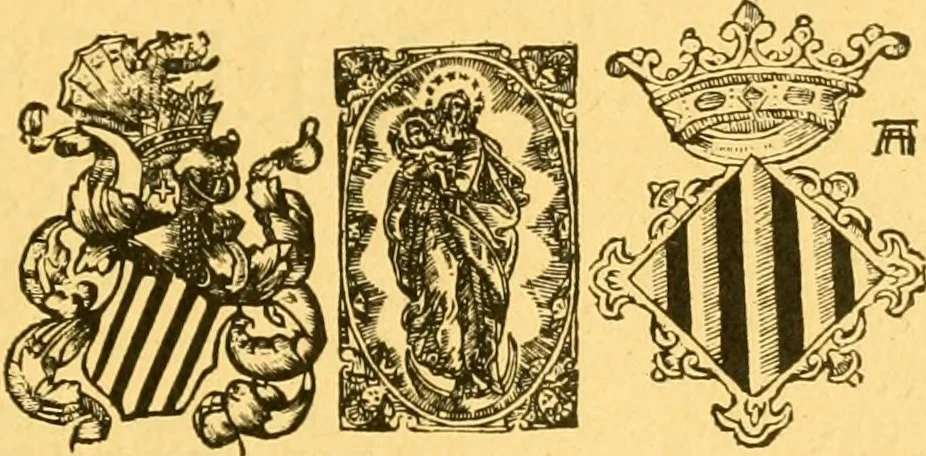 An illustration from Bibliografía de la lengua valenciana : o sea catálogo razonado por orden alfabético de autores de los libros, folletos, obras dramáticas, periódicos, coloquios, coplas, chistes, discursos, romances, alocuciones, cantares, gozes, etc., que escritos en lengua valenciana y bilingüe, han visto la luz pública desde el establecimiento de la imprenta en España hasta nuestros días, 1915, leaf 52