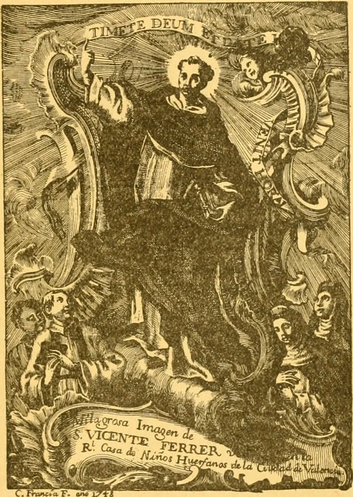 An illustration from Bibliografía de la lengua valenciana : o sea catálogo razonado por orden alfabético de autores de los libros, folletos, obras dramáticas, periódicos, coloquios, coplas, chistes, discursos, romances, alocuciones, cantares, gozes, etc., que escritos en lengua valenciana y bilingüe, han visto la luz pública desde el establecimiento de la imprenta en España hasta nuestros días, 1915, leaf 98