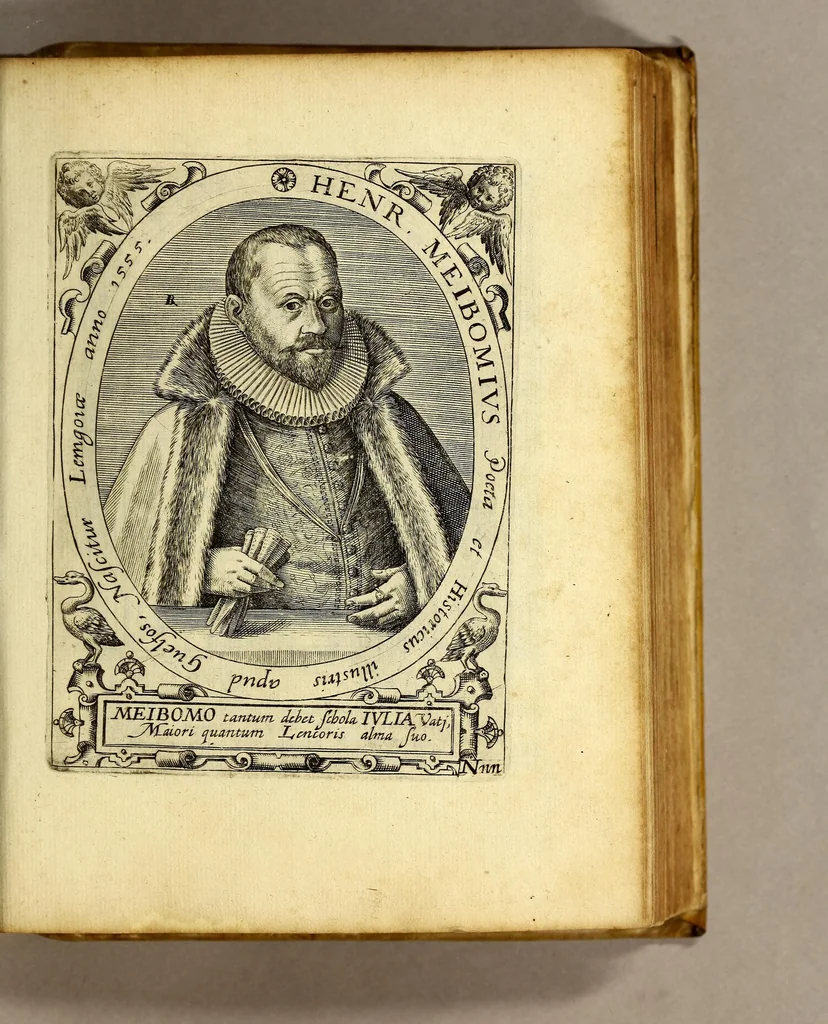 An illustration from Bibliotheca, chalcographica illustrium virtute atque eruditione in tota Europa, clarissimorum virorum theologorum, jurisconsultorum, medicorum, historicorum, geographorum, politicorum, philosophorum, poetarum, musicorum, aliorumque., 1650, leaf 477