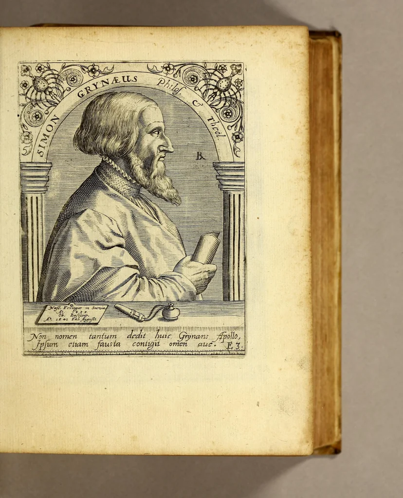 An illustration from Bibliotheca, chalcographica illustrium virtute atque eruditione in tota Europa, clarissimorum virorum theologorum, jurisconsultorum, medicorum, historicorum, geographorum, politicorum, philosophorum, poetarum, musicorum, aliorumque., 1650, leaf 49