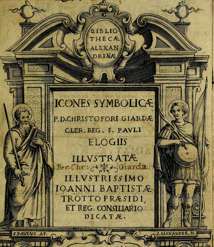 An illustration from Bibliothecae Alexandrinae icones symbolicae P.D. Christofori Giardae cler. reg. S. Pauli elogiis illustratae, 1628, leaf 4