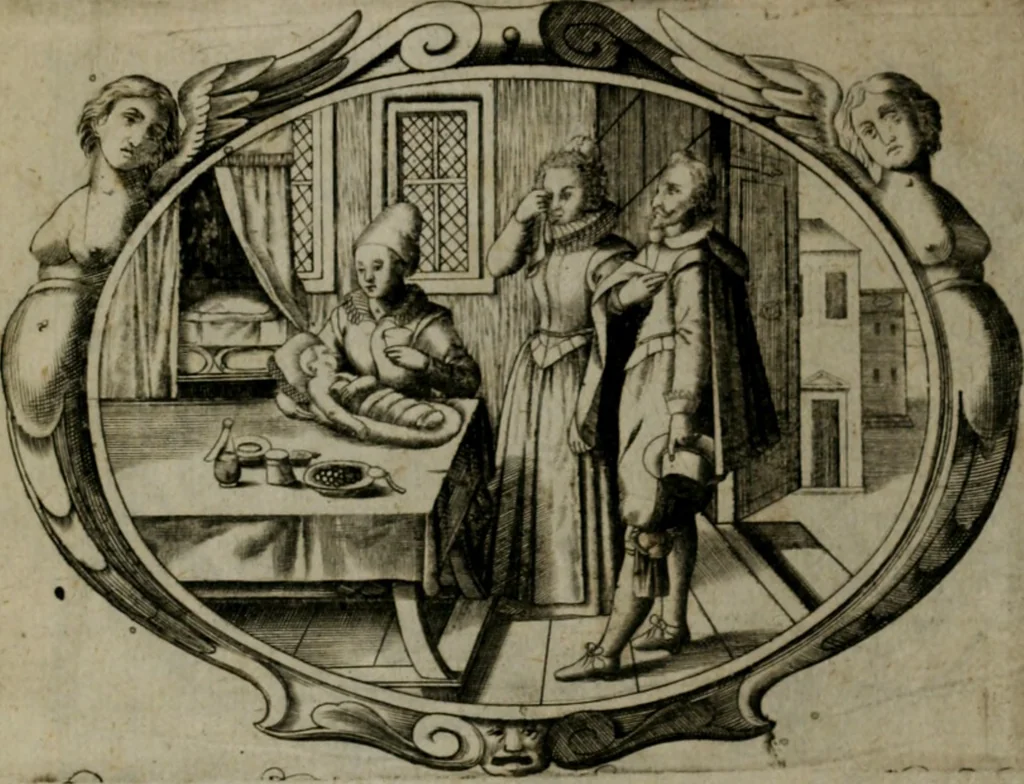 An illustration from Biblische Emblemata und Figuren : welche in den zweyen verneurten Stuben desz Hospitals zum heiligen Geist in Nürmberg allen Krancken zu sondern Trost anstatt der Schrifft sind vorgemalet worden. In Küpffer gestochen durch : Johanni Pfann .., 1626, leaf 10