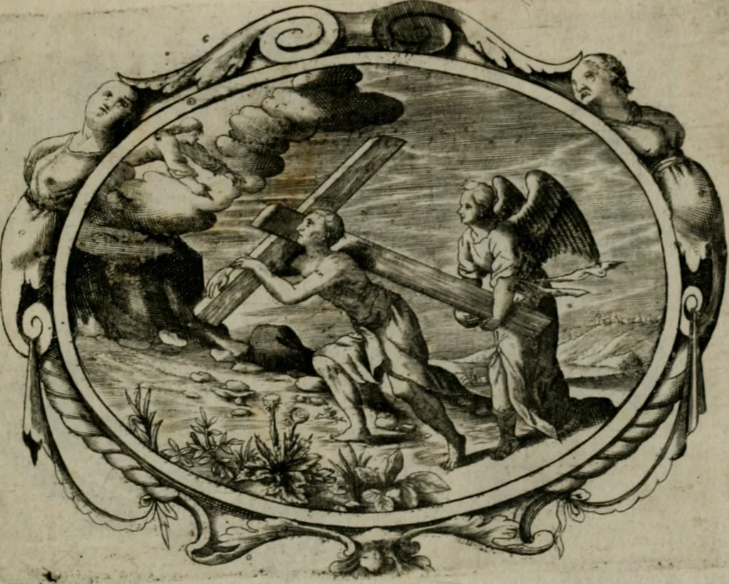 An illustration from Biblische Emblemata und Figuren : welche in den zweyen verneurten Stuben desz Hospitals zum heiligen Geist in Nürmberg allen Krancken zu sondern Trost anstatt der Schrifft sind vorgemalet worden. In Küpffer gestochen durch : Johanni Pfann .., 1626, leaf 12