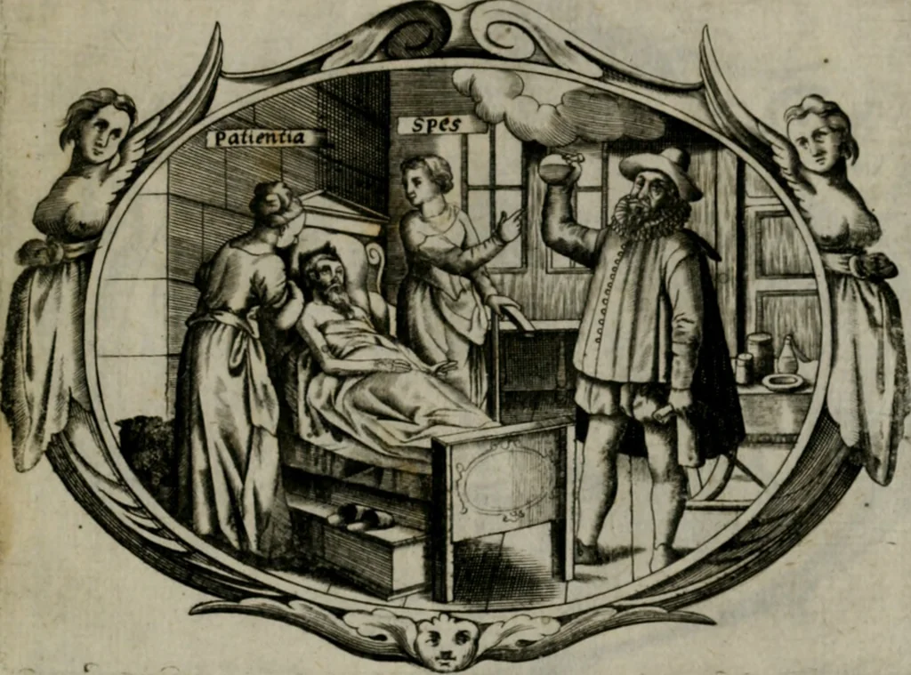An illustration from Biblische Emblemata und Figuren : welche in den zweyen verneurten Stuben desz Hospitals zum heiligen Geist in Nürmberg allen Krancken zu sondern Trost anstatt der Schrifft sind vorgemalet worden. In Küpffer gestochen durch : Johanni Pfann .., 1626, leaf 14