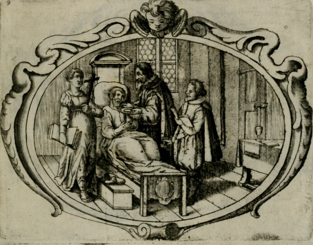 An illustration from Biblische Emblemata und Figuren : welche in den zweyen verneurten Stuben desz Hospitals zum heiligen Geist in Nürmberg allen Krancken zu sondern Trost anstatt der Schrifft sind vorgemalet worden. In Küpffer gestochen durch : Johanni Pfann .., 1626, leaf 16
