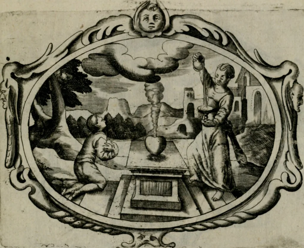 An illustration from Biblische Emblemata und Figuren : welche in den zweyen verneurten Stuben desz Hospitals zum heiligen Geist in Nürmberg allen Krancken zu sondern Trost anstatt der Schrifft sind vorgemalet worden. In Küpffer gestochen durch : Johanni Pfann .., 1626, leaf 18