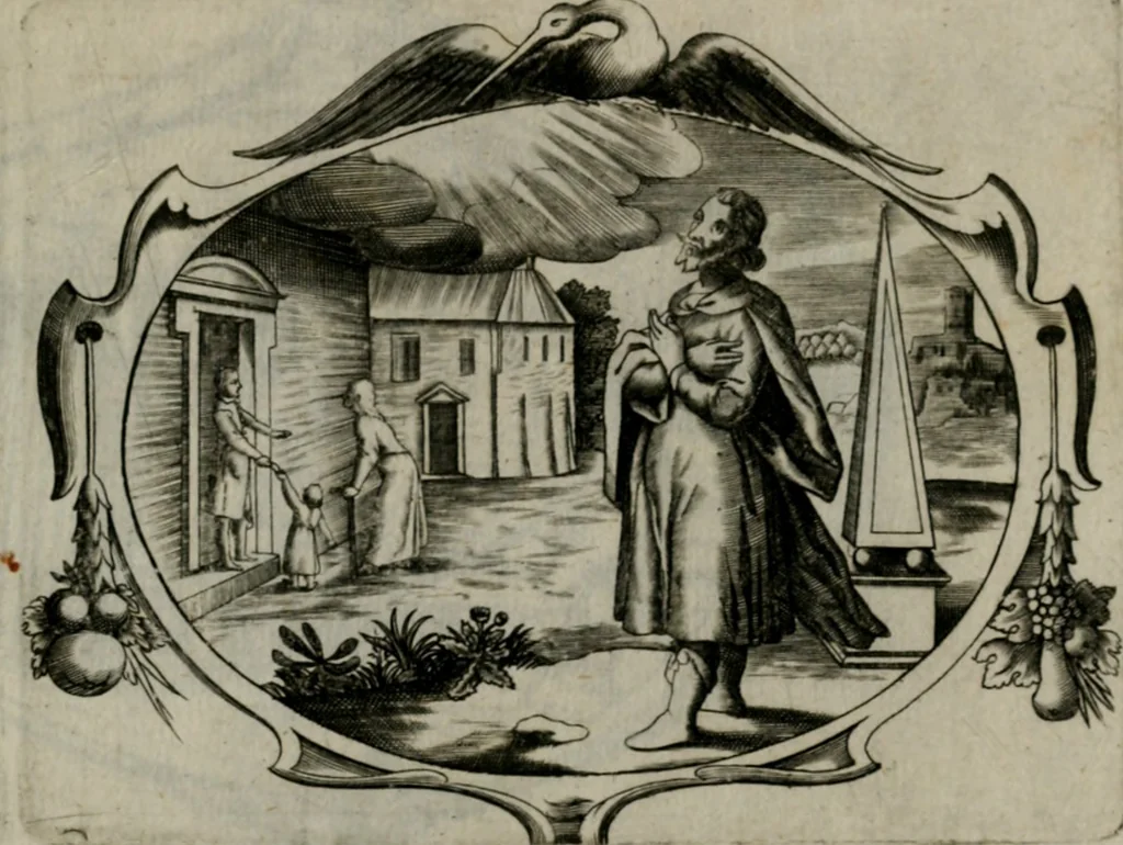An illustration from Biblische Emblemata und Figuren : welche in den zweyen verneurten Stuben desz Hospitals zum heiligen Geist in Nürmberg allen Krancken zu sondern Trost anstatt der Schrifft sind vorgemalet worden. In Küpffer gestochen durch : Johanni Pfann .., 1626, leaf 20