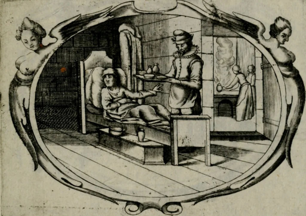 An illustration from Biblische Emblemata und Figuren : welche in den zweyen verneurten Stuben desz Hospitals zum heiligen Geist in Nürmberg allen Krancken zu sondern Trost anstatt der Schrifft sind vorgemalet worden. In Küpffer gestochen durch : Johanni Pfann .., 1626, leaf 28