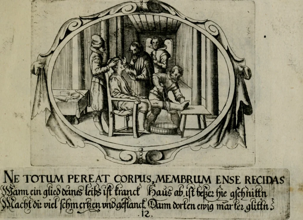 An illustration from Biblische Emblemata und Figuren : welche in den zweyen verneurten Stuben desz Hospitals zum heiligen Geist in Nürmberg allen Krancken zu sondern Trost anstatt der Schrifft sind vorgemalet worden. In Küpffer gestochen durch : Johanni Pfann .., 1626, leaf 32