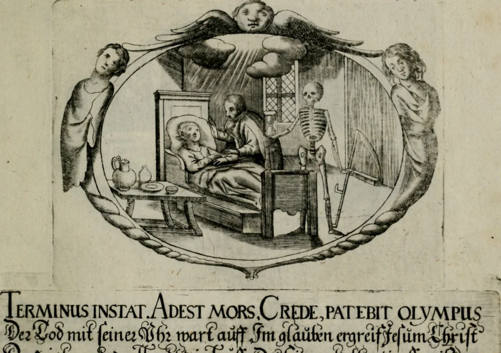 An illustration from Biblische Emblemata und Figuren : welche in den zweyen verneurten Stuben desz Hospitals zum heiligen Geist in Nürmberg allen Krancken zu sondern Trost anstatt der Schrifft sind vorgemalet worden. In Küpffer gestochen durch : Johanni Pfann .., 1626, leaf 36