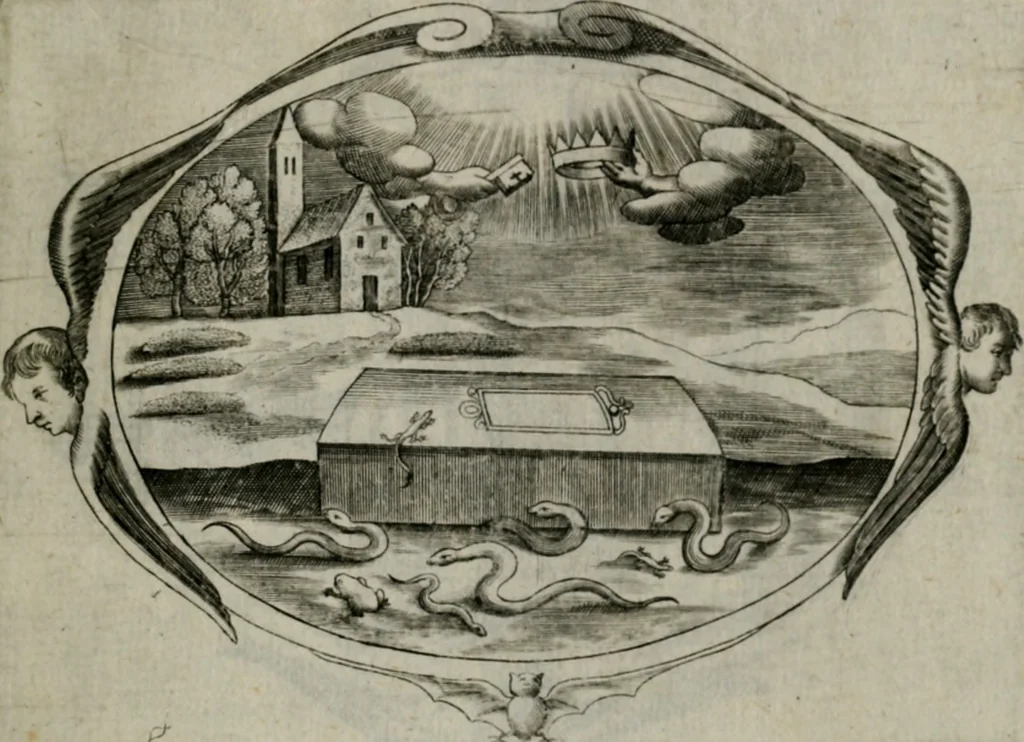 An illustration from Biblische Emblemata und Figuren : welche in den zweyen verneurten Stuben desz Hospitals zum heiligen Geist in Nürmberg allen Krancken zu sondern Trost anstatt der Schrifft sind vorgemalet worden. In Küpffer gestochen durch : Johanni Pfann .., 1626, leaf 38
