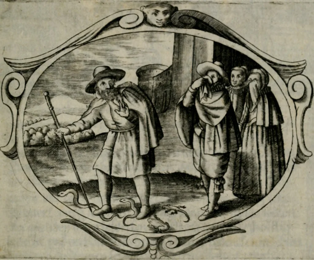 An illustration from Biblische Emblemata und Figuren : welche in den zweyen verneurten Stuben desz Hospitals zum heiligen Geist in Nürmberg allen Krancken zu sondern Trost anstatt der Schrifft sind vorgemalet worden. In Küpffer gestochen durch : Johanni Pfann .., 1626, leaf 40