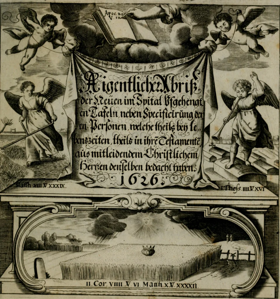 An illustration from Biblische Emblemata und Figuren : welche in den zweyen verneurten Stuben desz Hospitals zum heiligen Geist in Nürmberg allen Krancken zu sondern Trost anstatt der Schrifft sind vorgemalet worden. In Küpffer gestochen durch : Johanni Pfann .., 1626, leaf 8