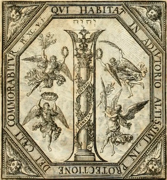 An illustration from Biblisches Engel- u[nd] Kunst Werck : alles das jenige, was in heiliger göttlicher Schrifft Altes und Neuen Testaments von den heiligen Engeln Gottes dero erscheinungen tersichtungen bottschaffte[n] u[nd] gesandschaffte[n], auf mancherley Art und Weise auss Göttlicher Verordnung zu finden ist ... : in zierlichen Kupffern, mit beijgefügten Teutschen Erklärungs und Andachts- Reimen vorstellend : mit Fleiss zusammen getragen, in Kupfer gestochen und verlegt, 1694, leaf 16