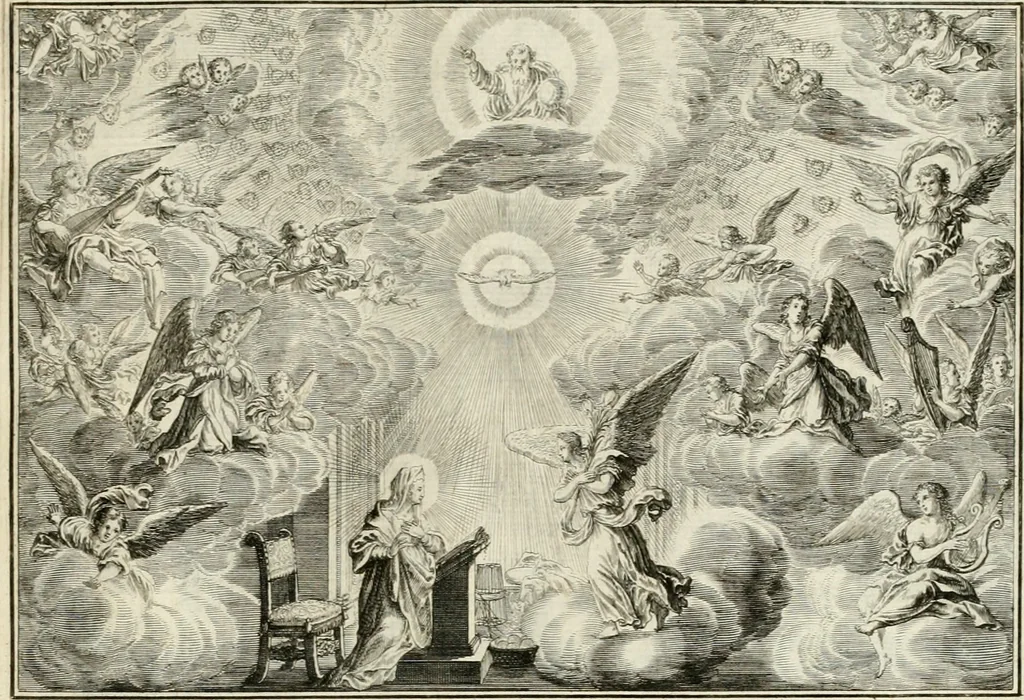 An illustration from Biblisches Engel- u[nd] Kunst Werck : alles das jenige, was in heiliger göttlicher Schrifft Altes und Neuen Testaments von den heiligen Engeln Gottes dero erscheinungen tersichtungen bottschaffte[n] u[nd] gesandschaffte[n], auf mancherley Art und Weise auss Göttlicher Verordnung zu finden ist ... : in zierlichen Kupffern, mit beijgefügten Teutschen Erklärungs und Andachts- Reimen vorstellend : mit Fleiss zusammen getragen, in Kupfer gestochen und verlegt, 1694, leaf 26