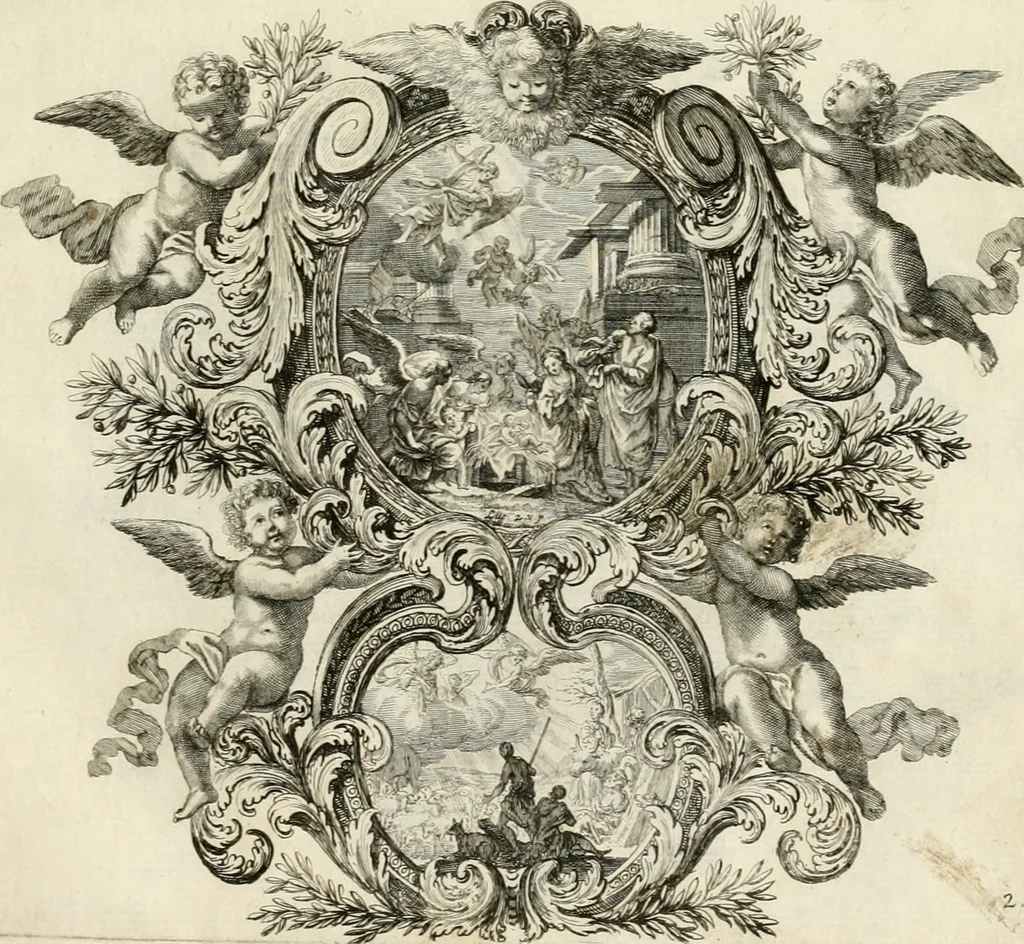 An illustration from Biblisches Engel- u[nd] Kunst Werck : alles das jenige, was in heiliger göttlicher Schrifft Altes und Neuen Testaments von den heiligen Engeln Gottes dero erscheinungen tersichtungen bottschaffte[n] u[nd] gesandschaffte[n], auf mancherley Art und Weise auss Göttlicher Verordnung zu finden ist ... : in zierlichen Kupffern, mit beijgefügten Teutschen Erklärungs und Andachts- Reimen vorstellend : mit Fleiss zusammen getragen, in Kupfer gestochen und verlegt, 1694, leaf 26