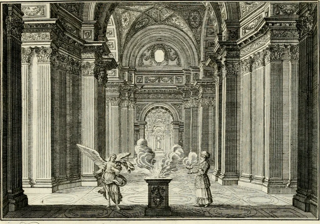 An illustration from Biblisches Engel- u[nd] Kunst Werck : alles das jenige, was in heiliger göttlicher Schrifft Altes und Neuen Testaments von den heiligen Engeln Gottes dero erscheinungen tersichtungen bottschaffte[n] u[nd] gesandschaffte[n], auf mancherley Art und Weise auss Göttlicher Verordnung zu finden ist ... : in zierlichen Kupffern, mit beijgefügten Teutschen Erklärungs und Andachts- Reimen vorstellend : mit Fleiss zusammen getragen, in Kupfer gestochen und verlegt, 1694, leaf 28
