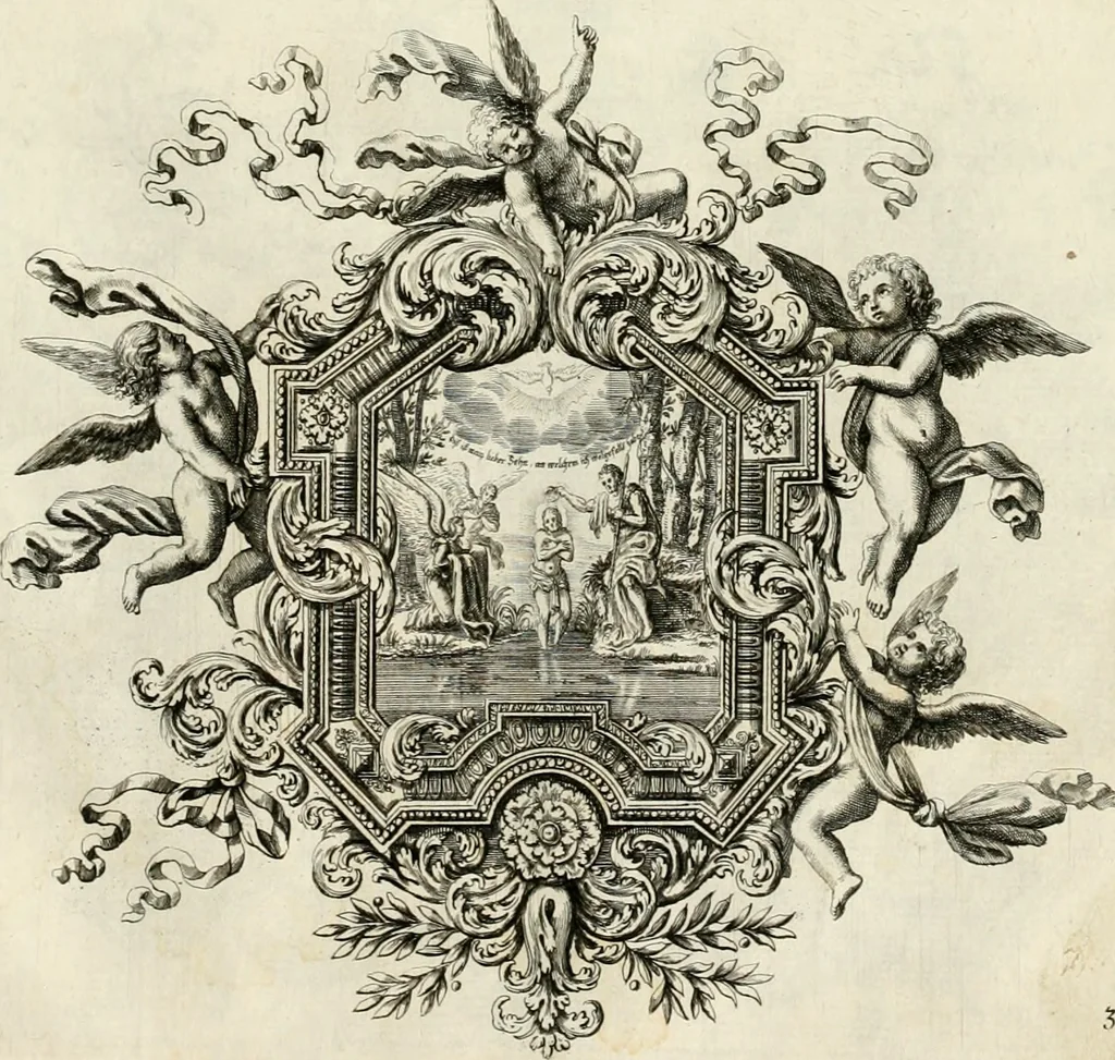 An illustration from Biblisches Engel- u[nd] Kunst Werck : alles das jenige, was in heiliger göttlicher Schrifft Altes und Neuen Testaments von den heiligen Engeln Gottes dero erscheinungen tersichtungen bottschaffte[n] u[nd] gesandschaffte[n], auf mancherley Art und Weise auss Göttlicher Verordnung zu finden ist ... : in zierlichen Kupffern, mit beijgefügten Teutschen Erklärungs und Andachts- Reimen vorstellend : mit Fleiss zusammen getragen, in Kupfer gestochen und verlegt, 1694, leaf 28