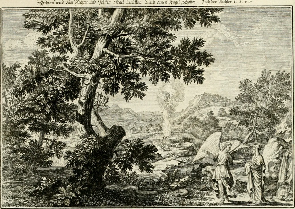 An illustration from Biblisches Engel- u[nd] Kunst Werck : alles das jenige, was in heiliger göttlicher Schrifft Altes und Neuen Testaments von den heiligen Engeln Gottes dero erscheinungen tersichtungen bottschaffte[n] u[nd] gesandschaffte[n], auf mancherley Art und Weise auss Göttlicher Verordnung zu finden ist ... : in zierlichen Kupffern, mit beijgefügten Teutschen Erklärungs und Andachts- Reimen vorstellend : mit Fleiss zusammen getragen, in Kupfer gestochen und verlegt, 1694, leaf 30