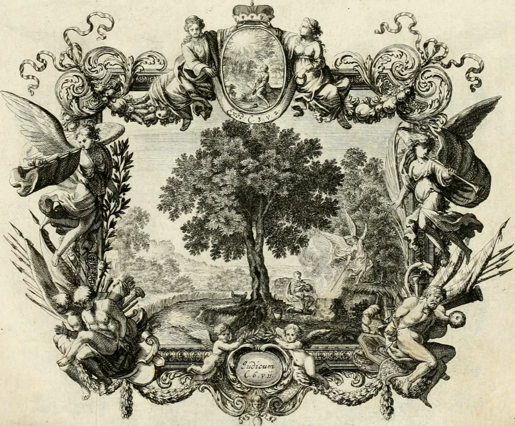An illustration from Biblisches Engel- u[nd] Kunst Werck : alles das jenige, was in heiliger göttlicher Schrifft Altes und Neuen Testaments von den heiligen Engeln Gottes dero erscheinungen tersichtungen bottschaffte[n] u[nd] gesandschaffte[n], auf mancherley Art und Weise auss Göttlicher Verordnung zu finden ist ... : in zierlichen Kupffern, mit beijgefügten Teutschen Erklärungs und Andachts- Reimen vorstellend : mit Fleiss zusammen getragen, in Kupfer gestochen und verlegt, 1694, leaf 30