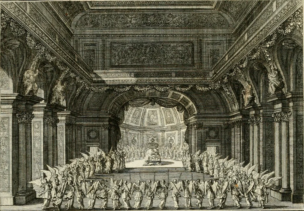 An illustration from Biblisches Engel- u[nd] Kunst Werck : alles das jenige, was in heiliger göttlicher Schrifft Altes und Neuen Testaments von den heiligen Engeln Gottes dero erscheinungen tersichtungen bottschaffte[n] u[nd] gesandschaffte[n], auf mancherley Art und Weise auss Göttlicher Verordnung zu finden ist ... : in zierlichen Kupffern, mit beijgefügten Teutschen Erklärungs und Andachts- Reimen vorstellend : mit Fleiss zusammen getragen, in Kupfer gestochen und verlegt, 1694, leaf 32