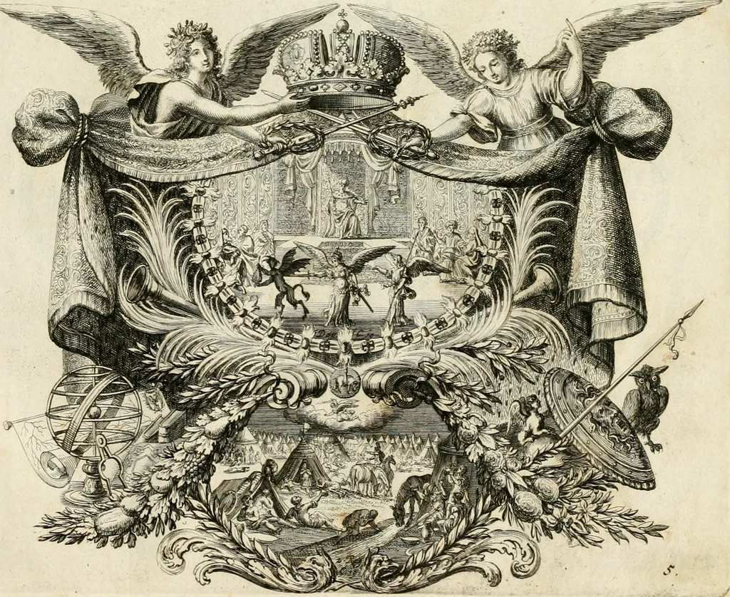 An illustration from Biblisches Engel- u[nd] Kunst Werck : alles das jenige, was in heiliger göttlicher Schrifft Altes und Neuen Testaments von den heiligen Engeln Gottes dero erscheinungen tersichtungen bottschaffte[n] u[nd] gesandschaffte[n], auf mancherley Art und Weise auss Göttlicher Verordnung zu finden ist ... : in zierlichen Kupffern, mit beijgefügten Teutschen Erklärungs und Andachts- Reimen vorstellend : mit Fleiss zusammen getragen, in Kupfer gestochen und verlegt, 1694, leaf 32
