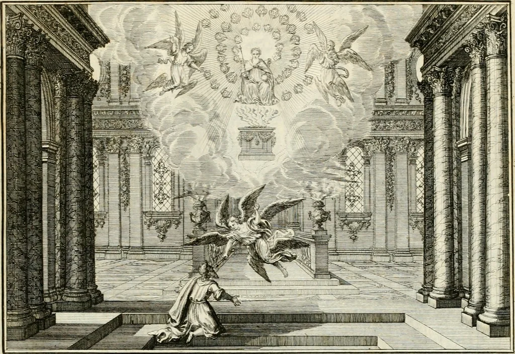 An illustration from Biblisches Engel- u[nd] Kunst Werck : alles das jenige, was in heiliger göttlicher Schrifft Altes und Neuen Testaments von den heiligen Engeln Gottes dero erscheinungen tersichtungen bottschaffte[n] u[nd] gesandschaffte[n], auf mancherley Art und Weise auss Göttlicher Verordnung zu finden ist ... : in zierlichen Kupffern, mit beijgefügten Teutschen Erklärungs und Andachts- Reimen vorstellend : mit Fleiss zusammen getragen, in Kupfer gestochen und verlegt, 1694, leaf 34