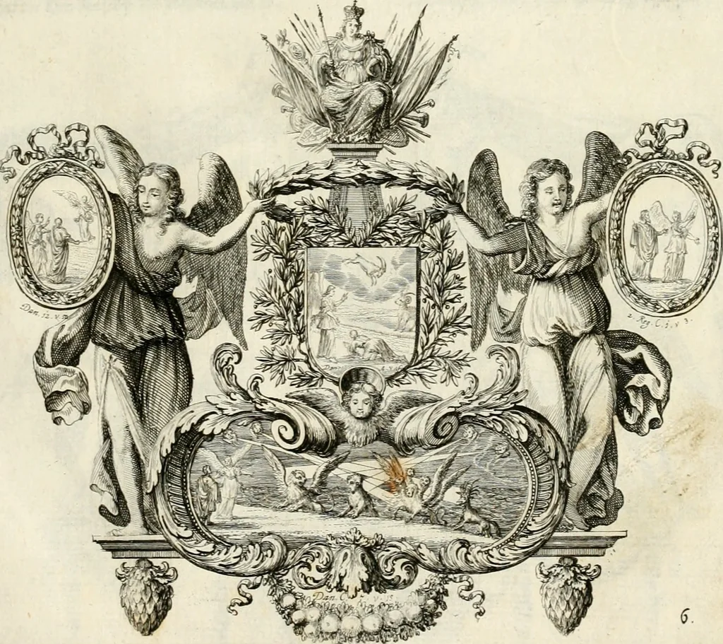 An illustration from Biblisches Engel- u[nd] Kunst Werck : alles das jenige, was in heiliger göttlicher Schrifft Altes und Neuen Testaments von den heiligen Engeln Gottes dero erscheinungen tersichtungen bottschaffte[n] u[nd] gesandschaffte[n], auf mancherley Art und Weise auss Göttlicher Verordnung zu finden ist ... : in zierlichen Kupffern, mit beijgefügten Teutschen Erklärungs und Andachts- Reimen vorstellend : mit Fleiss zusammen getragen, in Kupfer gestochen und verlegt, 1694, leaf 34