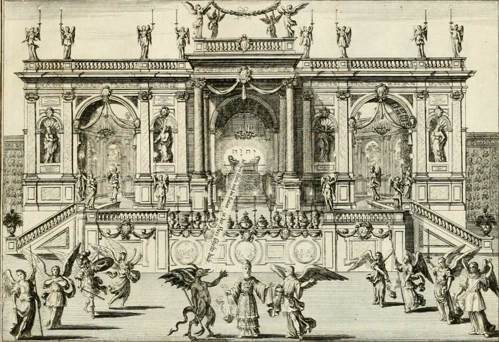 An illustration from Biblisches Engel- u[nd] Kunst Werck : alles das jenige, was in heiliger göttlicher Schrifft Altes und Neuen Testaments von den heiligen Engeln Gottes dero erscheinungen tersichtungen bottschaffte[n] u[nd] gesandschaffte[n], auf mancherley Art und Weise auss Göttlicher Verordnung zu finden ist ... : in zierlichen Kupffern, mit beijgefügten Teutschen Erklärungs und Andachts- Reimen vorstellend : mit Fleiss zusammen getragen, in Kupfer gestochen und verlegt, 1694, leaf 36