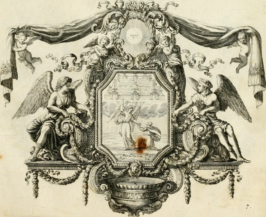 An illustration from Biblisches Engel- u[nd] Kunst Werck : alles das jenige, was in heiliger göttlicher Schrifft Altes und Neuen Testaments von den heiligen Engeln Gottes dero erscheinungen tersichtungen bottschaffte[n] u[nd] gesandschaffte[n], auf mancherley Art und Weise auss Göttlicher Verordnung zu finden ist ... : in zierlichen Kupffern, mit beijgefügten Teutschen Erklärungs und Andachts- Reimen vorstellend : mit Fleiss zusammen getragen, in Kupfer gestochen und verlegt, 1694, leaf 36