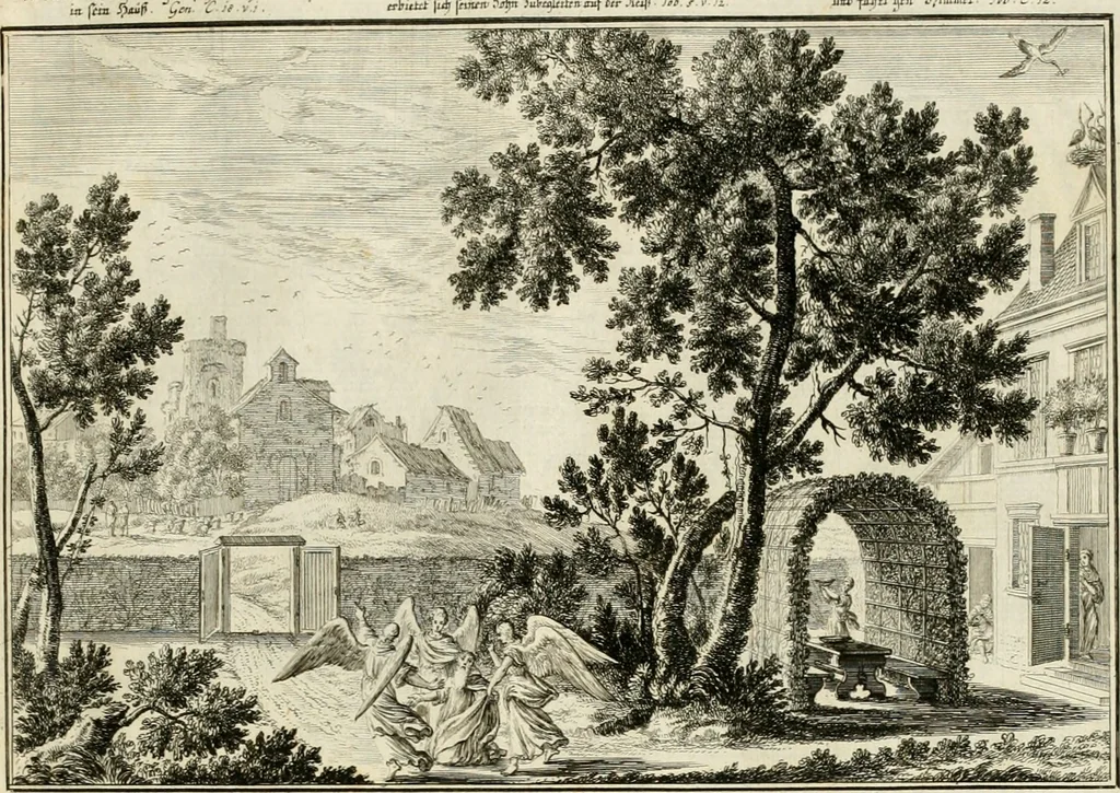An illustration from Biblisches Engel- u[nd] Kunst Werck : alles das jenige, was in heiliger göttlicher Schrifft Altes und Neuen Testaments von den heiligen Engeln Gottes dero erscheinungen tersichtungen bottschaffte[n] u[nd] gesandschaffte[n], auf mancherley Art und Weise auss Göttlicher Verordnung zu finden ist ... : in zierlichen Kupffern, mit beijgefügten Teutschen Erklärungs und Andachts- Reimen vorstellend : mit Fleiss zusammen getragen, in Kupfer gestochen und verlegt, 1694, leaf 38