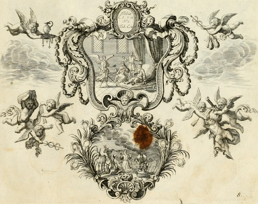 An illustration from Biblisches Engel- u[nd] Kunst Werck : alles das jenige, was in heiliger göttlicher Schrifft Altes und Neuen Testaments von den heiligen Engeln Gottes dero erscheinungen tersichtungen bottschaffte[n] u[nd] gesandschaffte[n], auf mancherley Art und Weise auss Göttlicher Verordnung zu finden ist ... : in zierlichen Kupffern, mit beijgefügten Teutschen Erklärungs und Andachts- Reimen vorstellend : mit Fleiss zusammen getragen, in Kupfer gestochen und verlegt, 1694, leaf 38