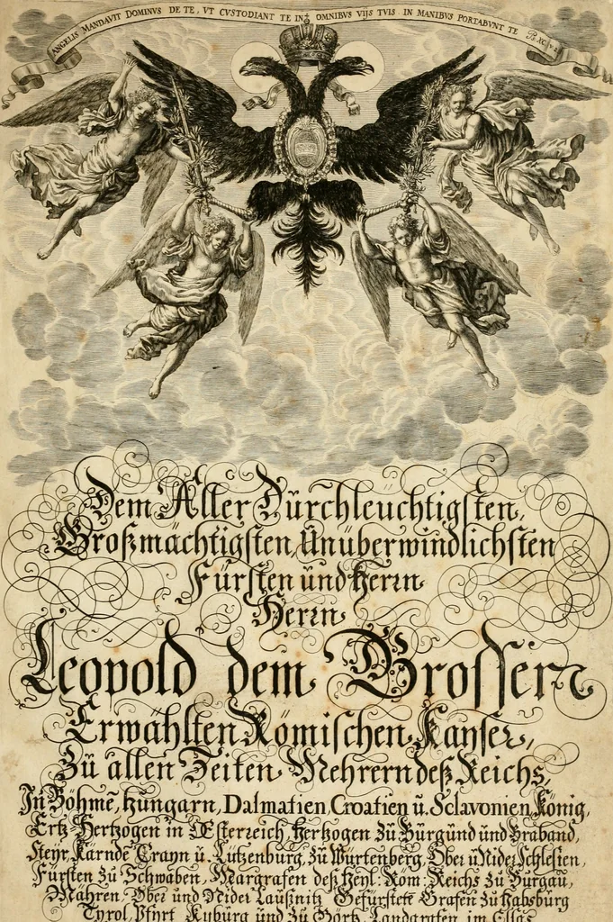 An illustration from Biblisches Engel- u[nd] Kunst Werck : alles das jenige, was in heiliger göttlicher Schrifft Altes und Neuen Testaments von den heiligen Engeln Gottes dero erscheinungen tersichtungen bottschaffte[n] u[nd] gesandschaffte[n], auf mancherley Art und Weise auss Göttlicher Verordnung zu finden ist ... : in zierlichen Kupffern, mit beijgefügten Teutschen Erklärungs und Andachts- Reimen vorstellend : mit Fleiss zusammen getragen, in Kupfer gestochen und verlegt, 1694, leaf 4