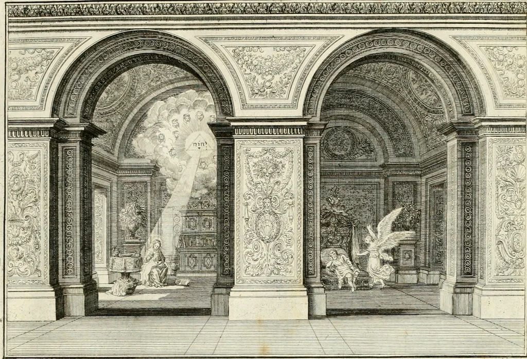 An illustration from Biblisches Engel- u[nd] Kunst Werck : alles das jenige, was in heiliger göttlicher Schrifft Altes und Neuen Testaments von den heiligen Engeln Gottes dero erscheinungen tersichtungen bottschaffte[n] u[nd] gesandschaffte[n], auf mancherley Art und Weise auss Göttlicher Verordnung zu finden ist ... : in zierlichen Kupffern, mit beijgefügten Teutschen Erklärungs und Andachts- Reimen vorstellend : mit Fleiss zusammen getragen, in Kupfer gestochen und verlegt, 1694, leaf 40