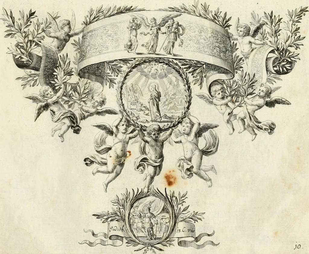 An illustration from Biblisches Engel- u[nd] Kunst Werck : alles das jenige, was in heiliger göttlicher Schrifft Altes und Neuen Testaments von den heiligen Engeln Gottes dero erscheinungen tersichtungen bottschaffte[n] u[nd] gesandschaffte[n], auf mancherley Art und Weise auss Göttlicher Verordnung zu finden ist ... : in zierlichen Kupffern, mit beijgefügten Teutschen Erklärungs und Andachts- Reimen vorstellend : mit Fleiss zusammen getragen, in Kupfer gestochen und verlegt, 1694, leaf 40