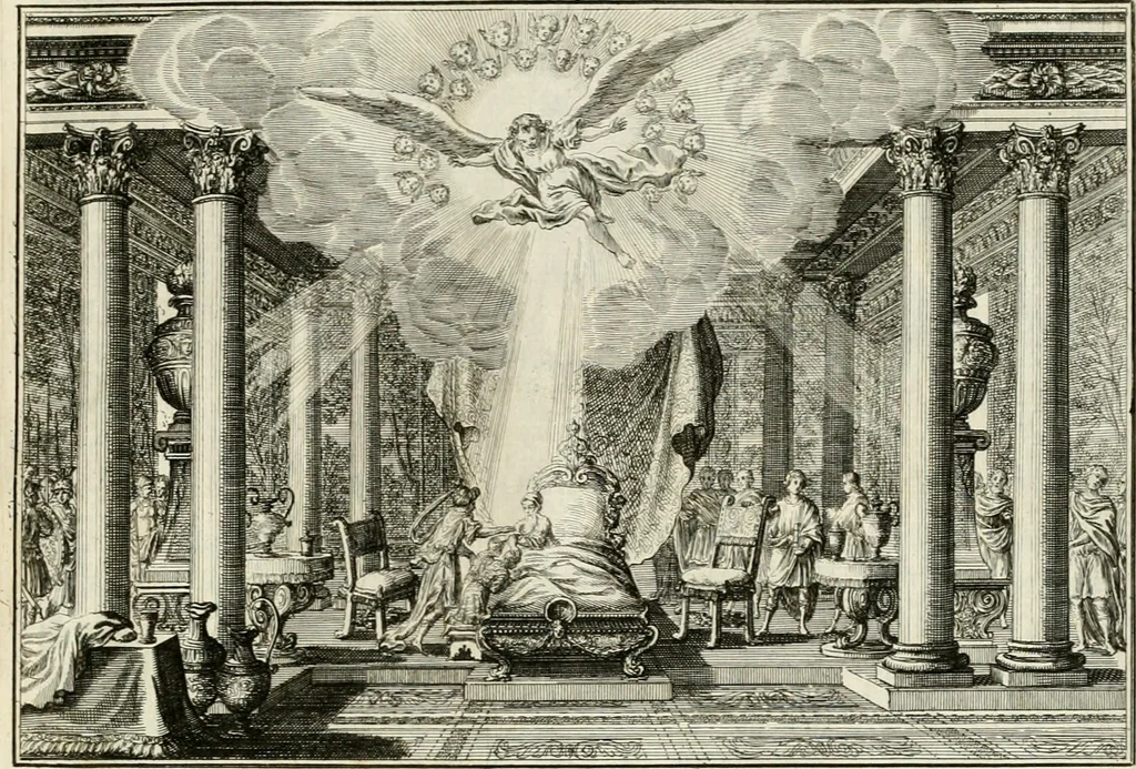 An illustration from Biblisches Engel- u[nd] Kunst Werck : alles das jenige, was in heiliger göttlicher Schrifft Altes und Neuen Testaments von den heiligen Engeln Gottes dero erscheinungen tersichtungen bottschaffte[n] u[nd] gesandschaffte[n], auf mancherley Art und Weise auss Göttlicher Verordnung zu finden ist ... : in zierlichen Kupffern, mit beijgefügten Teutschen Erklärungs und Andachts- Reimen vorstellend : mit Fleiss zusammen getragen, in Kupfer gestochen und verlegt, 1694, leaf 42