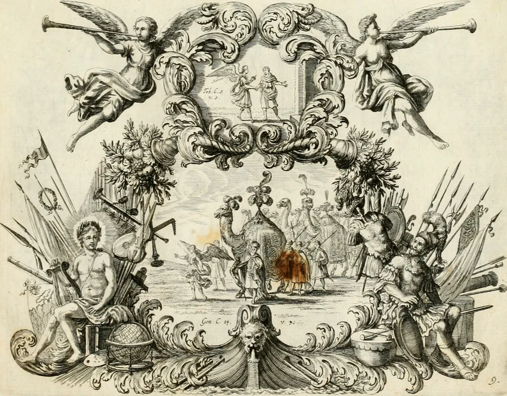An illustration from Biblisches Engel- u[nd] Kunst Werck : alles das jenige, was in heiliger göttlicher Schrifft Altes und Neuen Testaments von den heiligen Engeln Gottes dero erscheinungen tersichtungen bottschaffte[n] u[nd] gesandschaffte[n], auf mancherley Art und Weise auss Göttlicher Verordnung zu finden ist ... : in zierlichen Kupffern, mit beijgefügten Teutschen Erklärungs und Andachts- Reimen vorstellend : mit Fleiss zusammen getragen, in Kupfer gestochen und verlegt, 1694, leaf 42