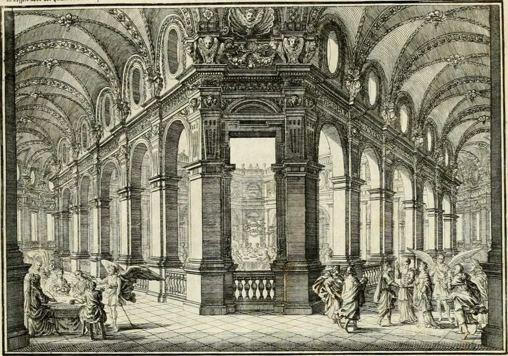 An illustration from Biblisches Engel- u[nd] Kunst Werck : alles das jenige, was in heiliger göttlicher Schrifft Altes und Neuen Testaments von den heiligen Engeln Gottes dero erscheinungen tersichtungen bottschaffte[n] u[nd] gesandschaffte[n], auf mancherley Art und Weise auss Göttlicher Verordnung zu finden ist ... : in zierlichen Kupffern, mit beijgefügten Teutschen Erklärungs und Andachts- Reimen vorstellend : mit Fleiss zusammen getragen, in Kupfer gestochen und verlegt, 1694, leaf 44