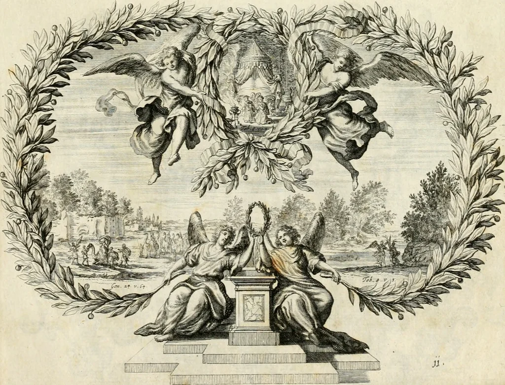 An illustration from Biblisches Engel- u[nd] Kunst Werck : alles das jenige, was in heiliger göttlicher Schrifft Altes und Neuen Testaments von den heiligen Engeln Gottes dero erscheinungen tersichtungen bottschaffte[n] u[nd] gesandschaffte[n], auf mancherley Art und Weise auss Göttlicher Verordnung zu finden ist ... : in zierlichen Kupffern, mit beijgefügten Teutschen Erklärungs und Andachts- Reimen vorstellend : mit Fleiss zusammen getragen, in Kupfer gestochen und verlegt, 1694, leaf 44