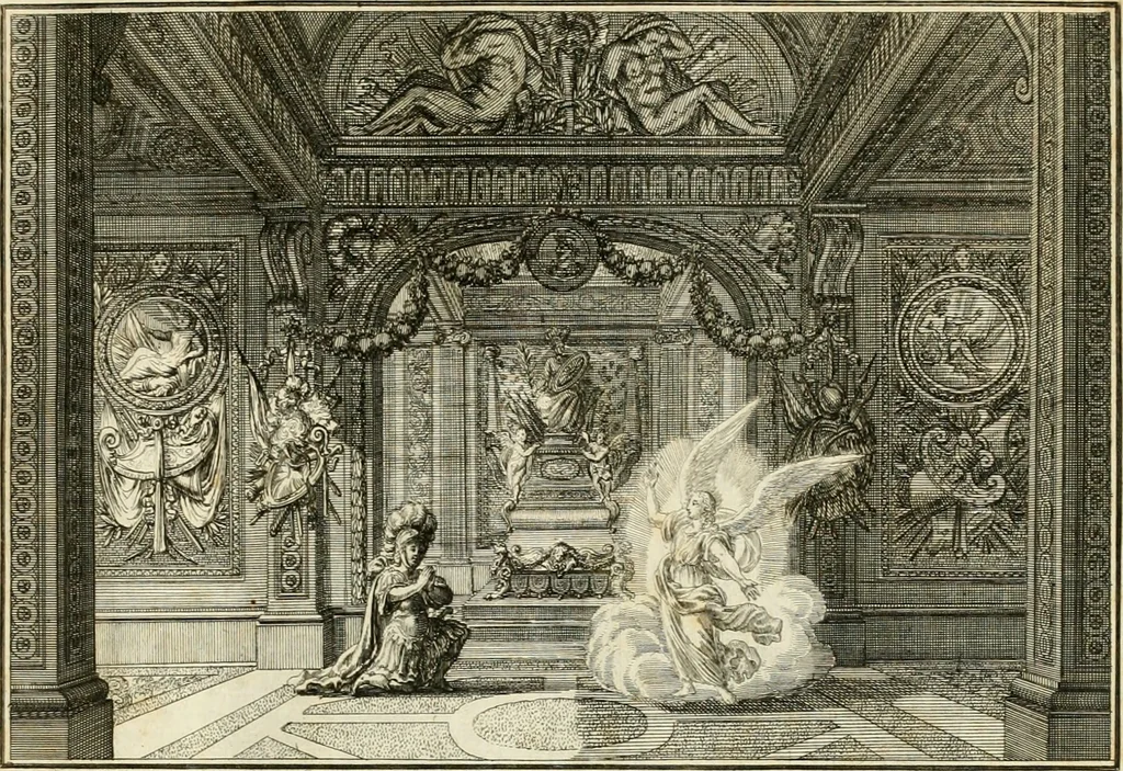 An illustration from Biblisches Engel- u[nd] Kunst Werck : alles das jenige, was in heiliger göttlicher Schrifft Altes und Neuen Testaments von den heiligen Engeln Gottes dero erscheinungen tersichtungen bottschaffte[n] u[nd] gesandschaffte[n], auf mancherley Art und Weise auss Göttlicher Verordnung zu finden ist ... : in zierlichen Kupffern, mit beijgefügten Teutschen Erklärungs und Andachts- Reimen vorstellend : mit Fleiss zusammen getragen, in Kupfer gestochen und verlegt, 1694, leaf 46