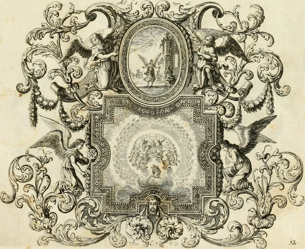 An illustration from Biblisches Engel- u[nd] Kunst Werck : alles das jenige, was in heiliger göttlicher Schrifft Altes und Neuen Testaments von den heiligen Engeln Gottes dero erscheinungen tersichtungen bottschaffte[n] u[nd] gesandschaffte[n], auf mancherley Art und Weise auss Göttlicher Verordnung zu finden ist ... : in zierlichen Kupffern, mit beijgefügten Teutschen Erklärungs und Andachts- Reimen vorstellend : mit Fleiss zusammen getragen, in Kupfer gestochen und verlegt, 1694, leaf 46