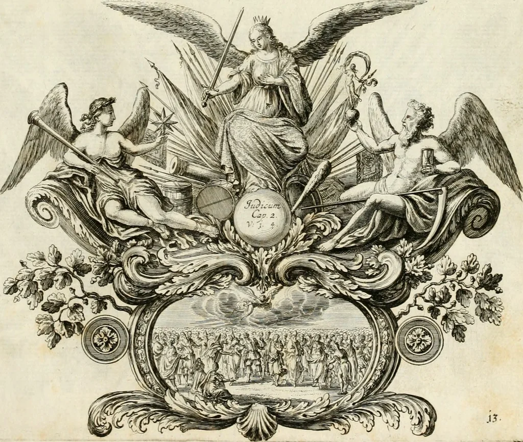 An illustration from Biblisches Engel- u[nd] Kunst Werck : alles das jenige, was in heiliger göttlicher Schrifft Altes und Neuen Testaments von den heiligen Engeln Gottes dero erscheinungen tersichtungen bottschaffte[n] u[nd] gesandschaffte[n], auf mancherley Art und Weise auss Göttlicher Verordnung zu finden ist ... : in zierlichen Kupffern, mit beijgefügten Teutschen Erklärungs und Andachts- Reimen vorstellend : mit Fleiss zusammen getragen, in Kupfer gestochen und verlegt, 1694, leaf 48