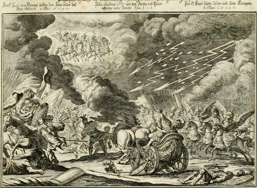 An illustration from Biblisches Engel- u[nd] Kunst Werck : alles das jenige, was in heiliger göttlicher Schrifft Altes und Neuen Testaments von den heiligen Engeln Gottes dero erscheinungen tersichtungen bottschaffte[n] u[nd] gesandschaffte[n], auf mancherley Art und Weise auss Göttlicher Verordnung zu finden ist ... : in zierlichen Kupffern, mit beijgefügten Teutschen Erklärungs und Andachts- Reimen vorstellend : mit Fleiss zusammen getragen, in Kupfer gestochen und verlegt, 1694, leaf 50